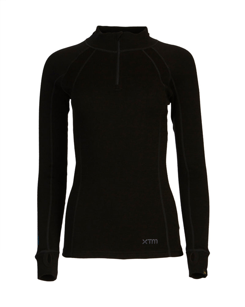 Womens Merino 230 Wool Zip Neck Long Sleeve Thermal Top Black