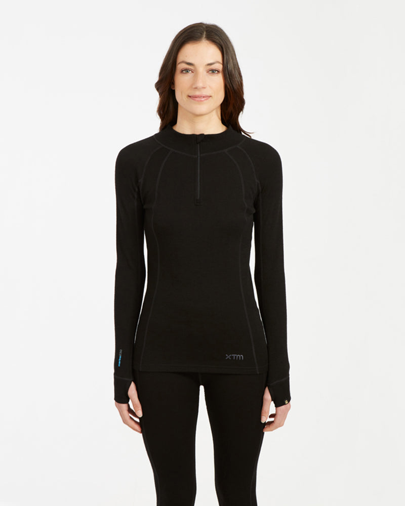 Womens Merino 230 Wool Zip Neck Long Sleeve Thermal Top Black