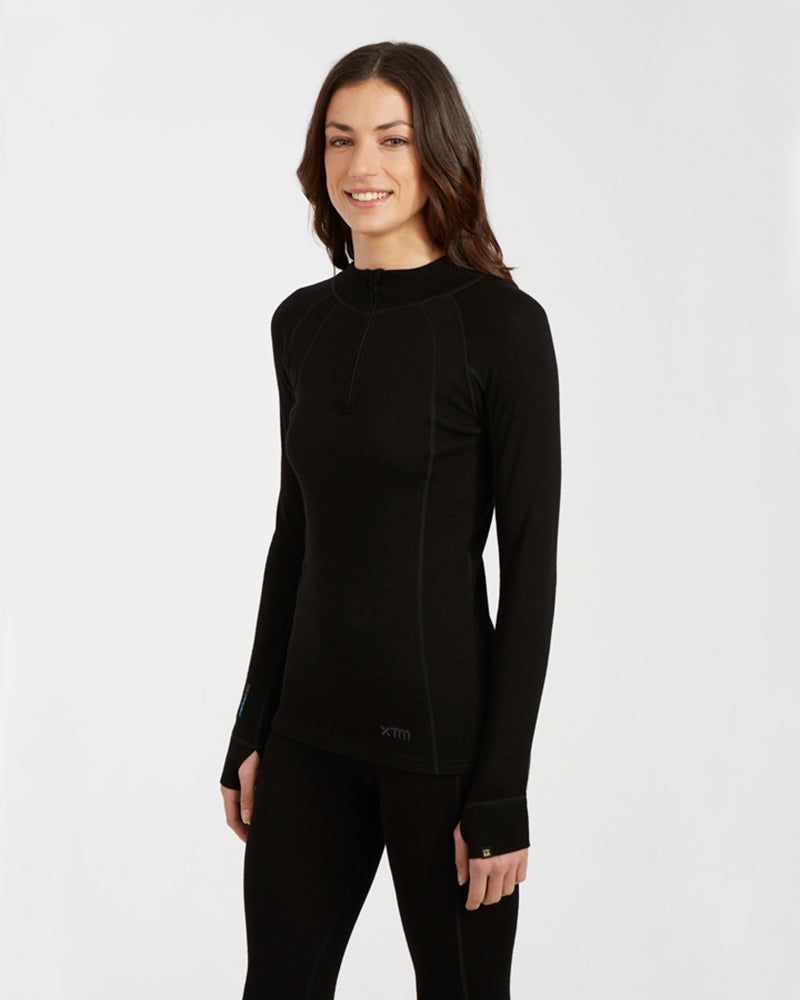 Womens Merino 230 Wool Zip Neck Long Sleeve Thermal Top Black