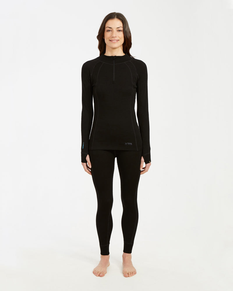 Womens Merino 230 Wool Zip Neck Long Sleeve Thermal Top Black